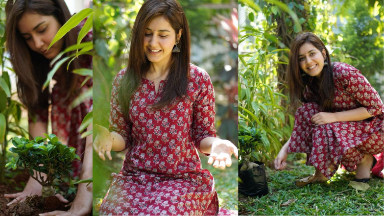 Rashi Khanna celebrating her birthday by planting a plant in the garden