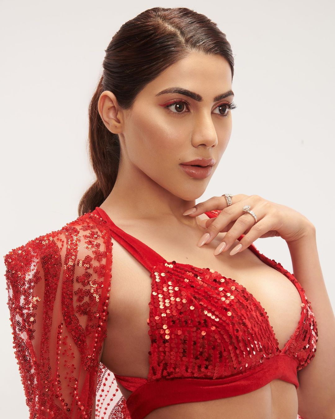 Red Saree Nikki Tamboli